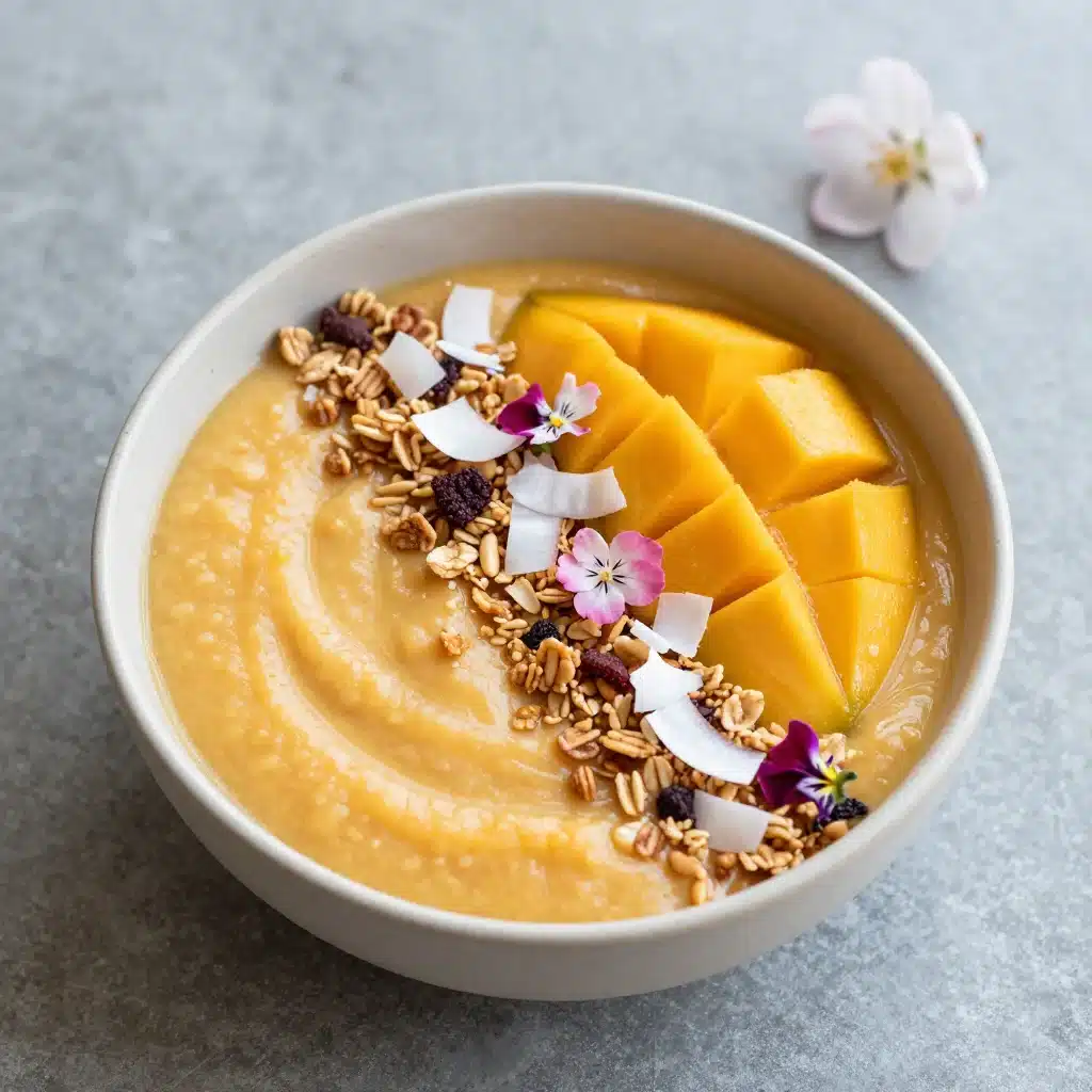 Iced Mango Lassi Smoothie Bowl topped with fruits and nuts