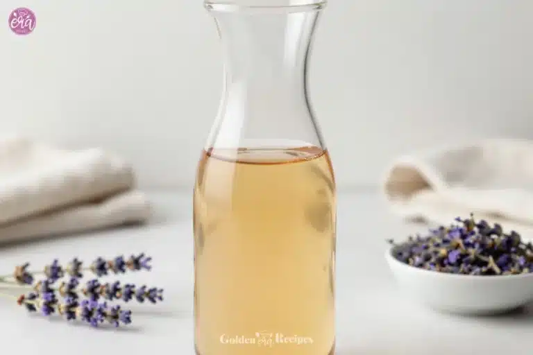 Homemade lavender simple syrup in a glass bottle with lavender flowers