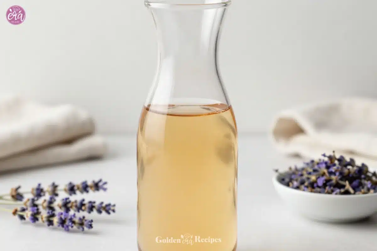 Homemade lavender simple syrup in a glass bottle with lavender flowers