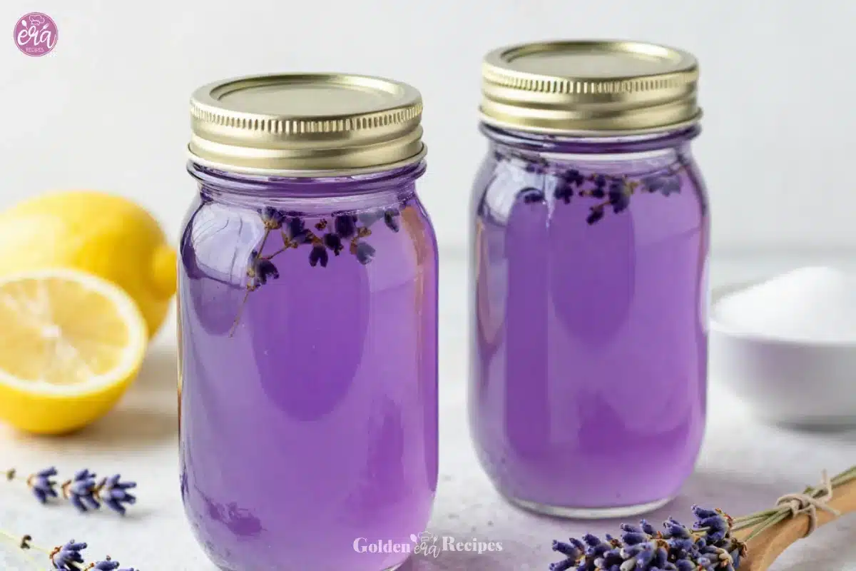 Homemade Lavender Simple Syrup in a glass bottle with lavender flowers
