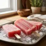Lazy watermelon lime popsicles served on a wooden table