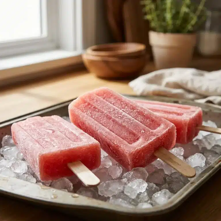 Lazy watermelon lime popsicles served on a wooden table