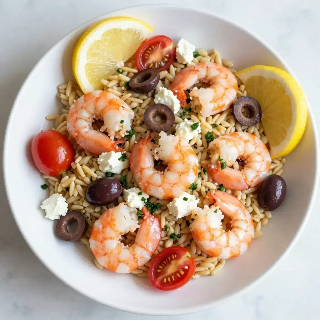 Lemon Feta Orzo with Shrimp elegantly plated, showcasing vibrant colors and fresh ingredients.
