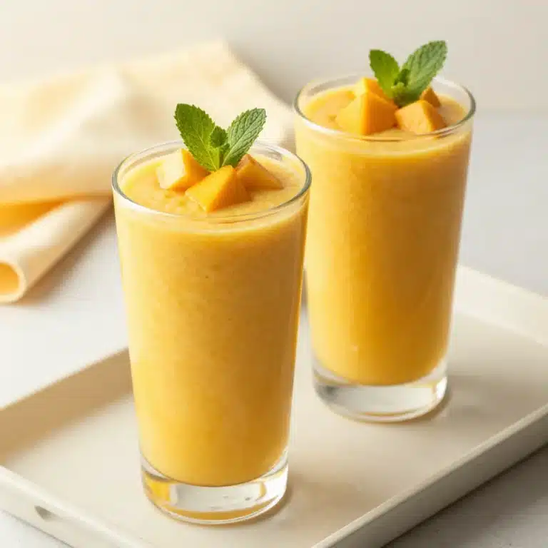Delicious and refreshing mango smoothie in a glass topped with fresh mango slices.
