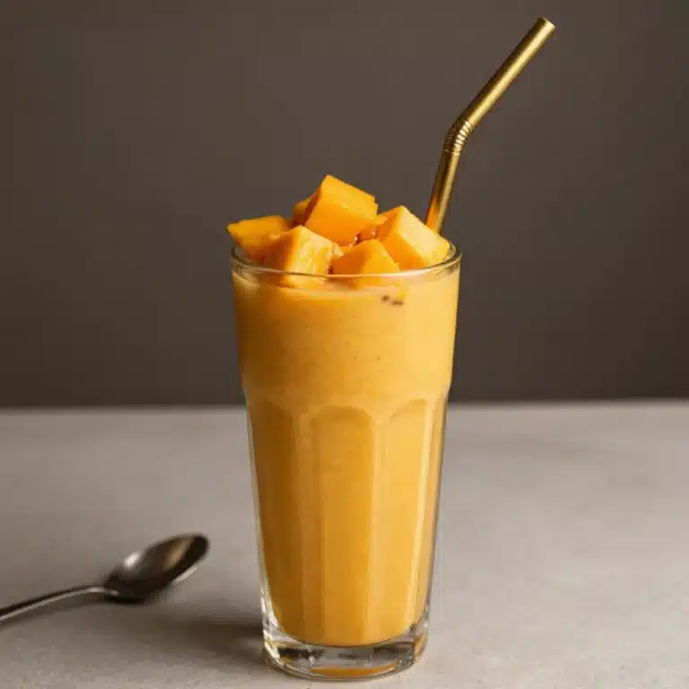Delicious mango smoothie without banana in a glass topped with fresh mango slices.
