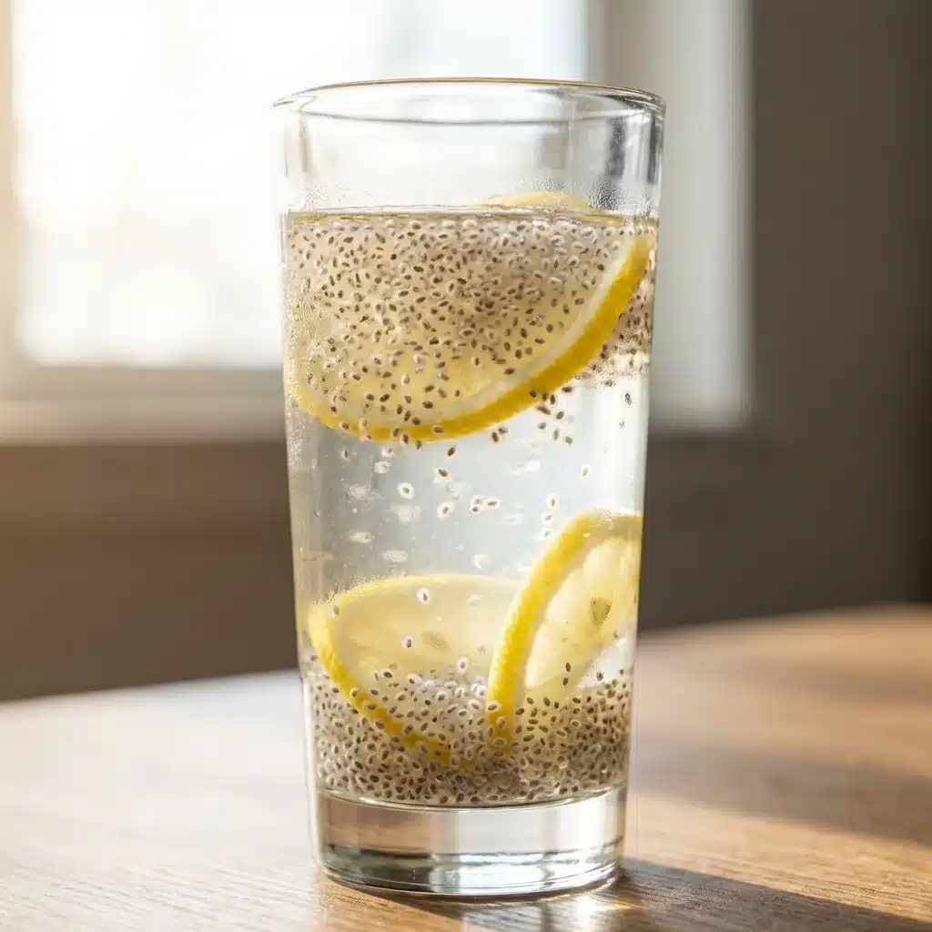 Nourishing Chia Lemon Water for Energy 5 A refreshing glass of chia lemon water with fresh lemon slices and chia seeds