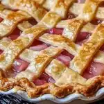 Slice of old-fashioned rhubarb pie with flaky crust and vibrant filling