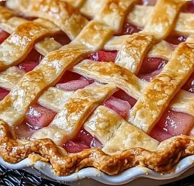 Slice of old-fashioned rhubarb pie with flaky crust and vibrant filling