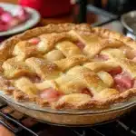 Delicious old-fashioned rhubarb pie with a flaky crust and vibrant filling.