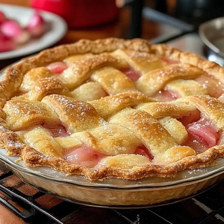 Delicious old-fashioned rhubarb pie with a flaky crust and vibrant filling.