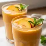 Delicious peach smoothie with frozen peaches in a glass