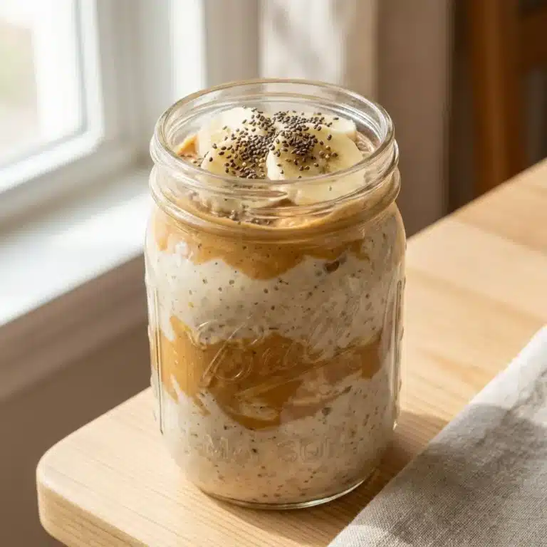 A bowl of peanut butter overnight oats topped with fresh fruit and nuts