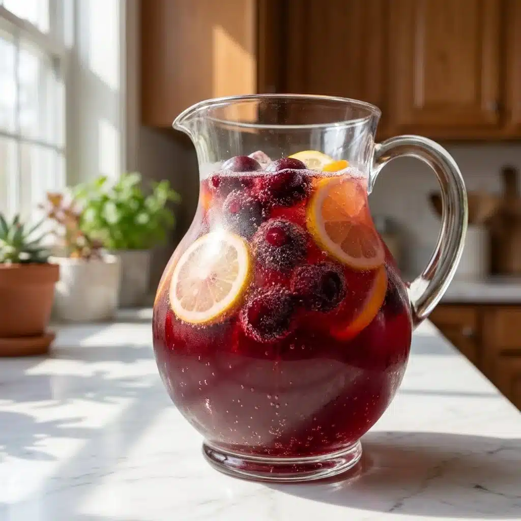 Sparkling Cherry Wine Punch in a glass with cherries and bubbles