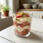 Delicious quick strawberry pistachio tiramisu dessert in a glass dish