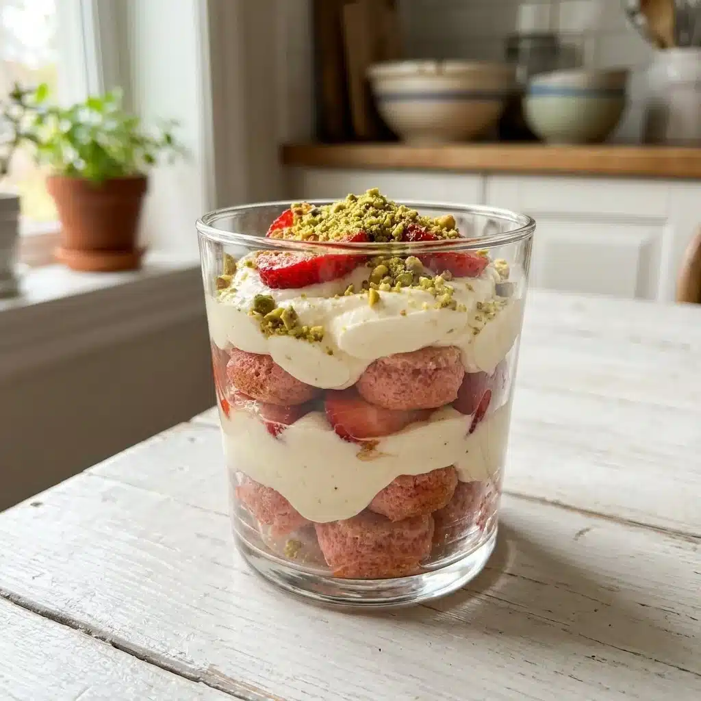 Delicious quick strawberry pistachio tiramisu dessert in a glass dish
