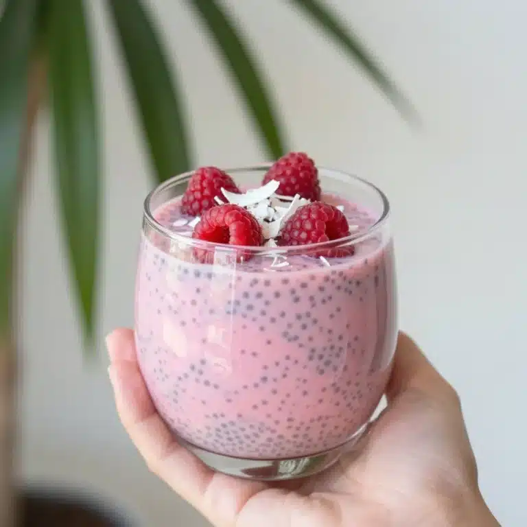 Raspberry Chia Pudding topped with fresh raspberries and mint leaves
