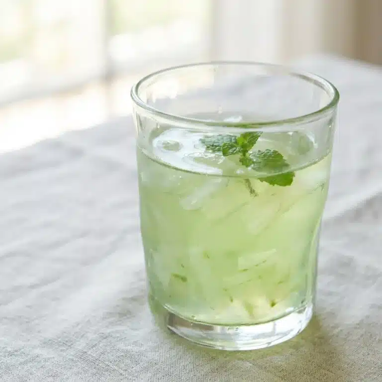 Aloe Vera Drink for gut health in a clear glass with fresh aloe vera leaves