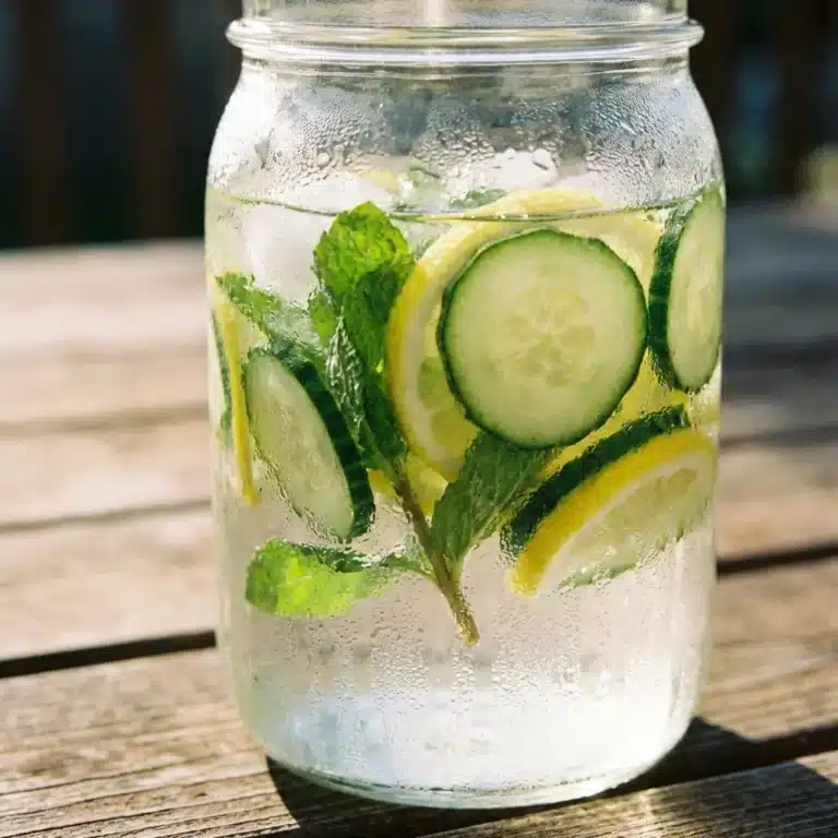 Refreshing cucumber lemon detox water with pink salt in a glass