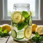 Glass of refreshing mint lemon detox water with fresh mint leaves and lemon slices.