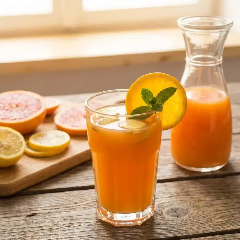 Refreshing orange detox drink in a glass with a slice of orange garnish