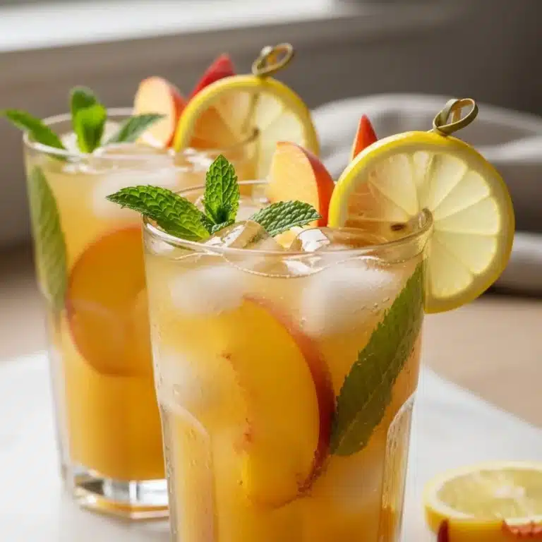 Home 1 Refreshing peach lemonade in a glass with slices of peach and lemon