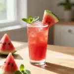 Tall glass of refreshing watermelon lemonade with mint leaves on a sunny day