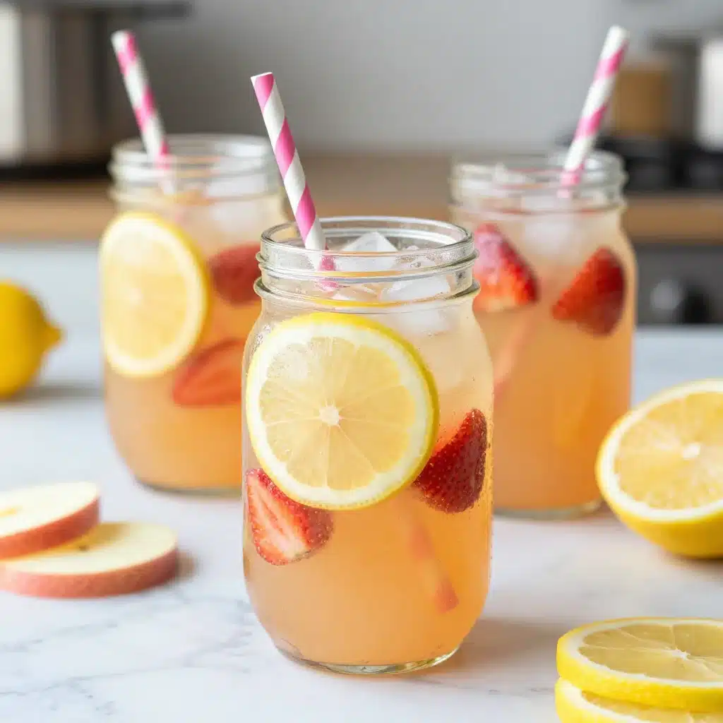 Glass of refreshing Rhubarb Ice Tea with ice and garnishes