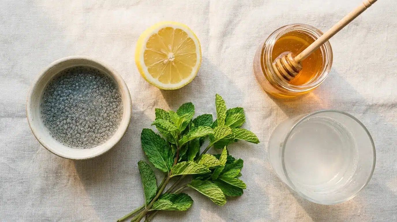 Sabja Seeds vs Chia Seeds for Belly Fat 4 Ingredients for the Bloat-Buster Basil Drink: soaked sabja seeds in a small bowl, sliced lemon, fresh mint sprigs, a jar of honey, and a glass of coconut water on a light wooden surface