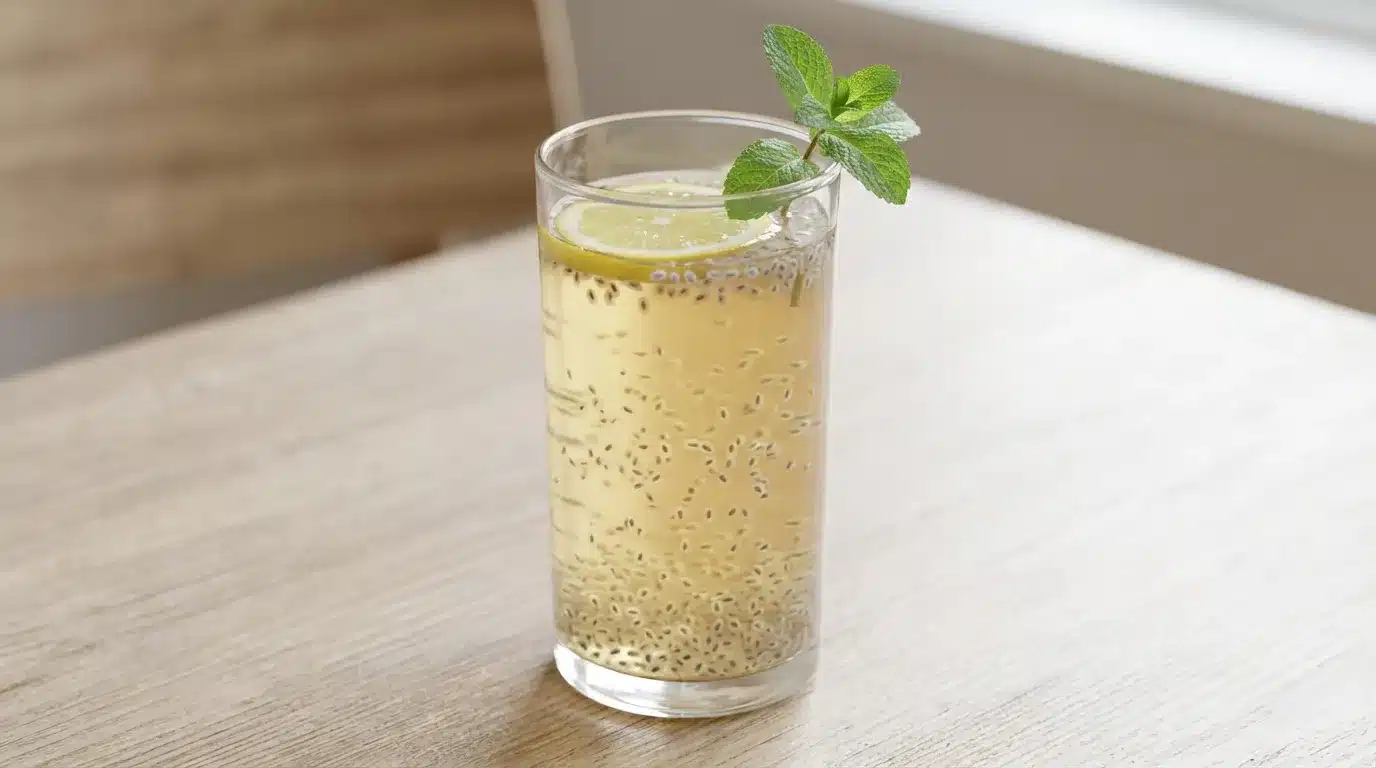 Sabja Seeds vs Chia Seeds for Belly Fat 5 Finished Bloat-Buster Basil Drink in a tall clear glass with soaked sabja seeds visible, fresh mint sprig, lemon slice on the rim, on a light kitchen surface with soft natural light