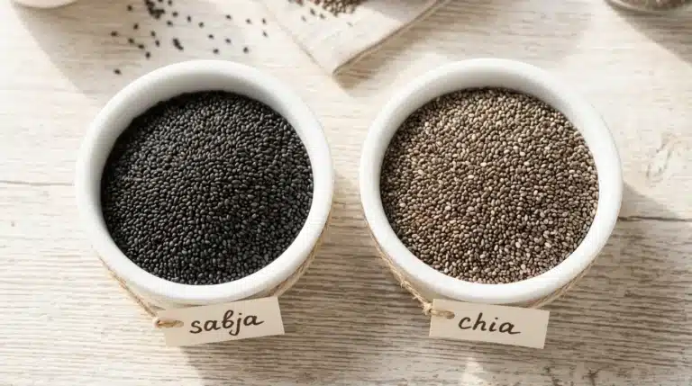 Side-by-side comparison of sabja seeds and chia seeds in two small white bowls on a wooden surface, showing their similar appearance before soaking