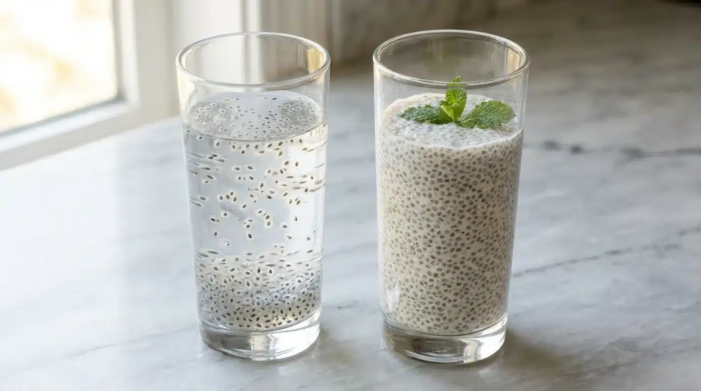 Sabja Seeds vs Chia Seeds for Belly Fat 3 Two clear glasses side by side, one with sabja seeds soaked for 5 minutes showing clear gel coating, one with chia seeds soaked for 20 minutes showing thicker pudding-like texture