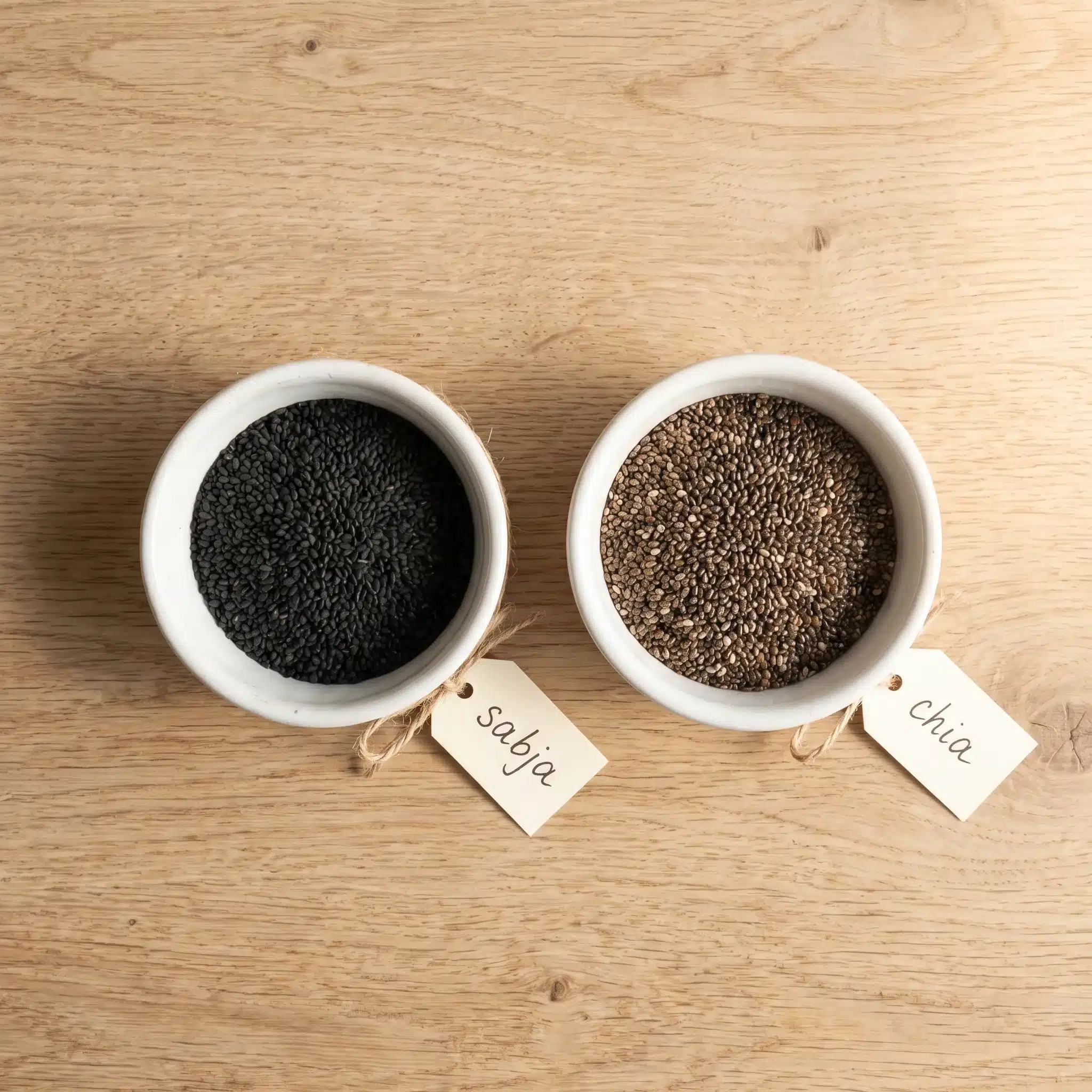 Sabja Seeds vs Chia Seeds for Belly Fat 2 Side-by-side comparison of sabja seeds and chia seeds in two small white bowls on a wooden surface, showing their similar appearance before soaking