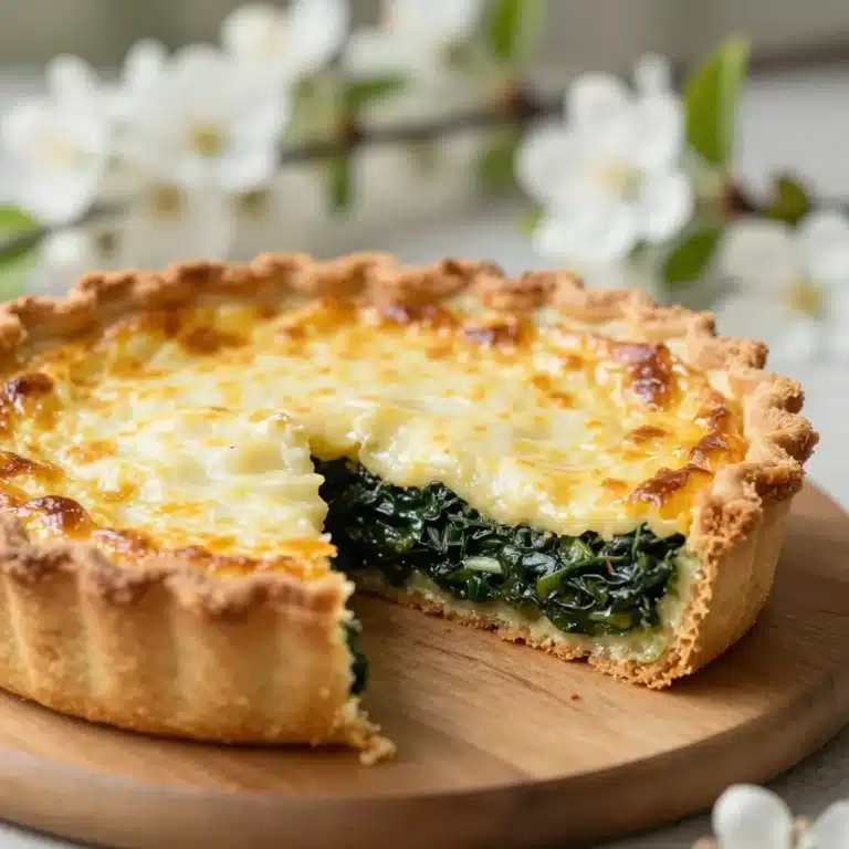 Savoury spring tart with dandelion, fresh ingredients, and vibrant colors on a plate.