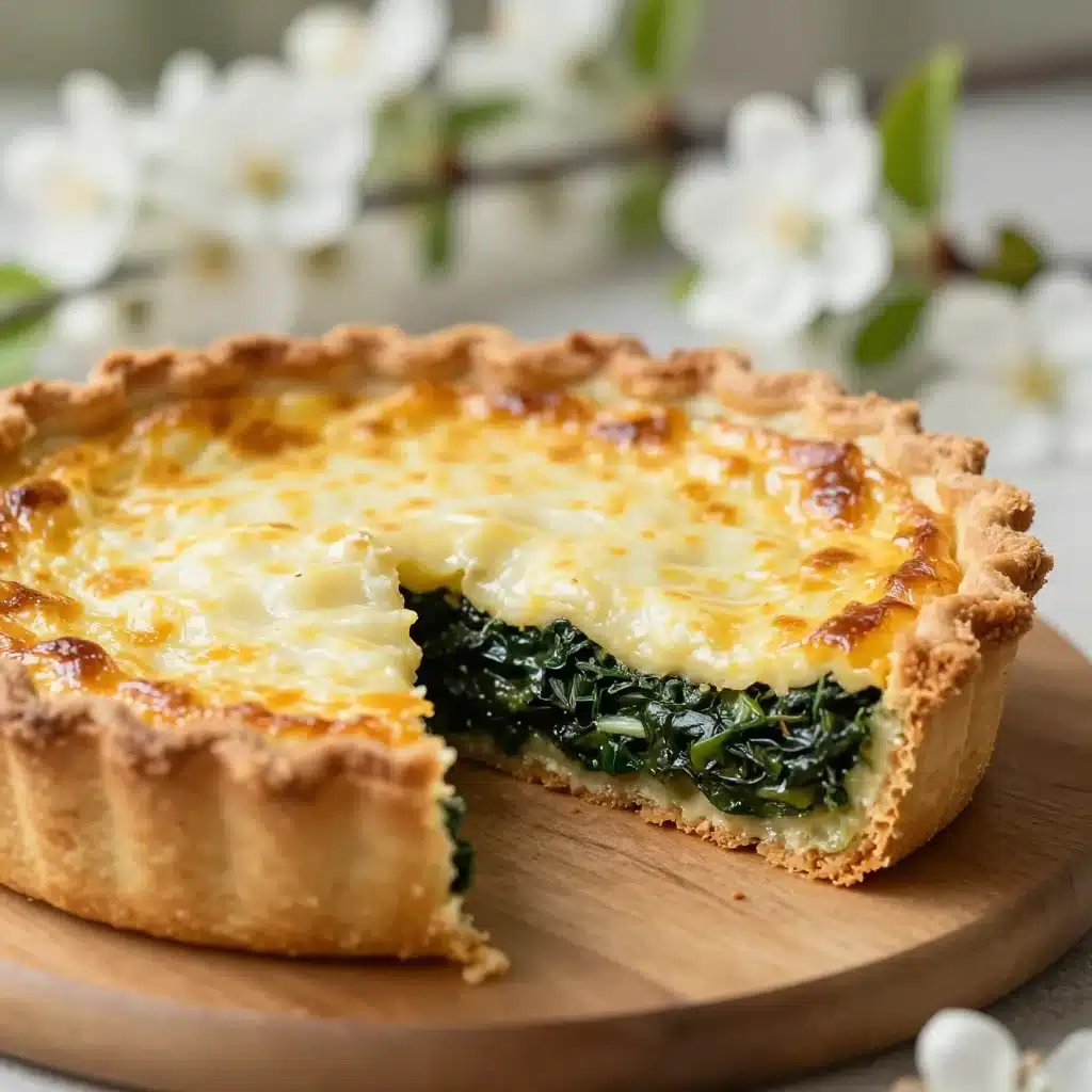 Savoury spring tart with dandelion, fresh ingredients, and vibrant colors on a plate.