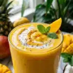 A vibrant mango detox smoothie in a glass garnished with fresh fruit and greens.
