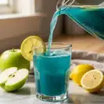 A refreshing glass of Spirulina Mermaid Lemonade with vibrant colors and garnishes.