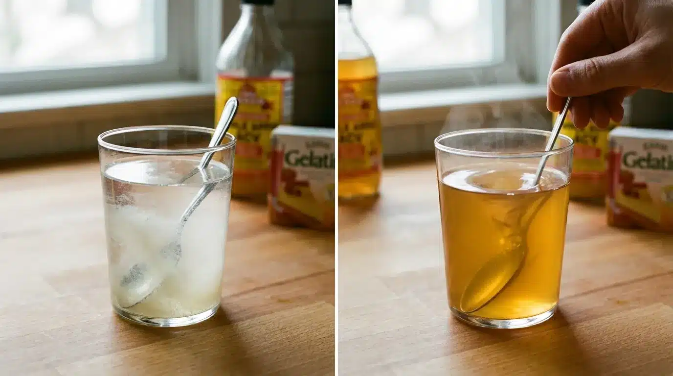 Gelatin and ACV Weight Loss Drink Recipe 4 Step-by-step process of blooming gelatin in cold water then adding warm water and apple cider vinegar in a clear glass