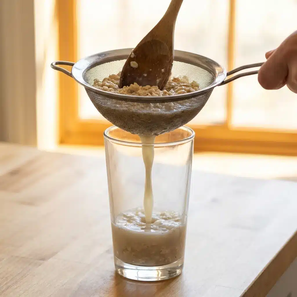 Straining soaked oats through a fine mesh strainer into a clear glass, the oat water appearing slightly cloudy and pale, on a wooden kitchen counter