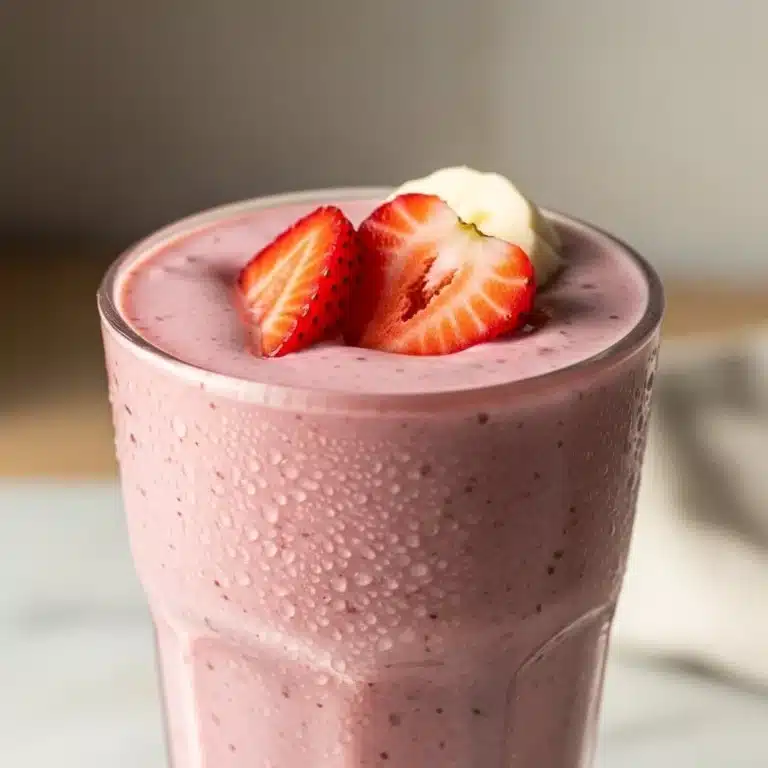 Home 10 Delicious Strawberry Banana Smoothie in a glass with fresh strawberries and bananas.