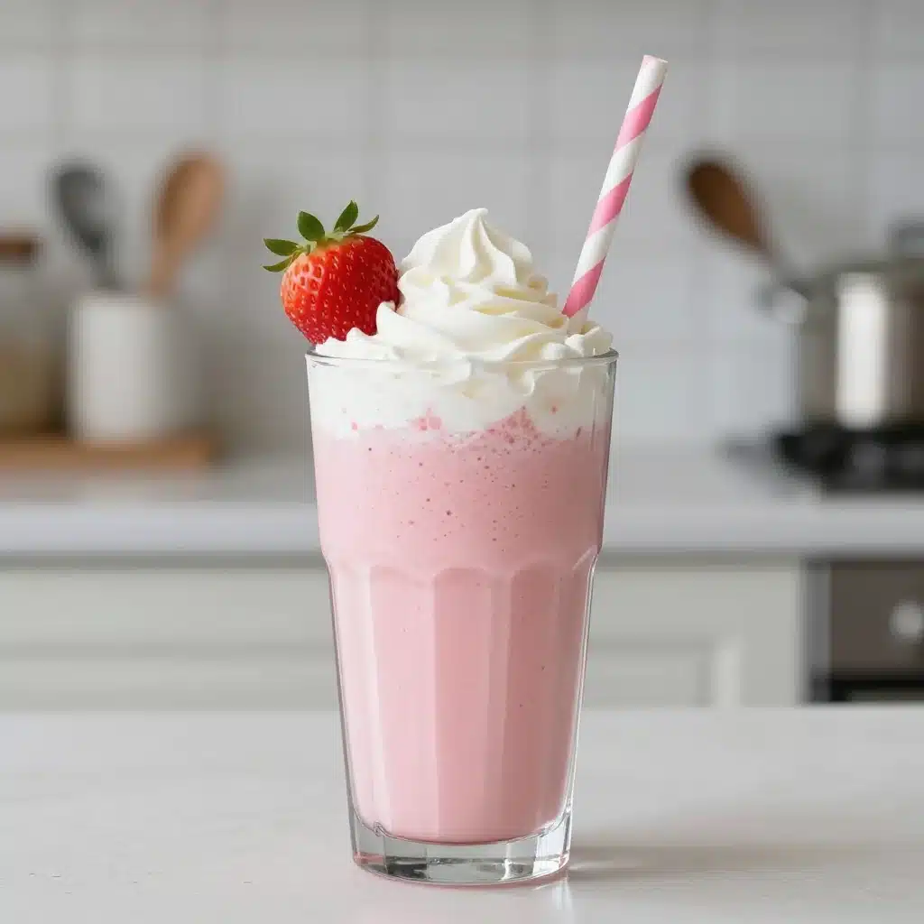 Delicious strawberry protein shake topped with fresh strawberries and mint.