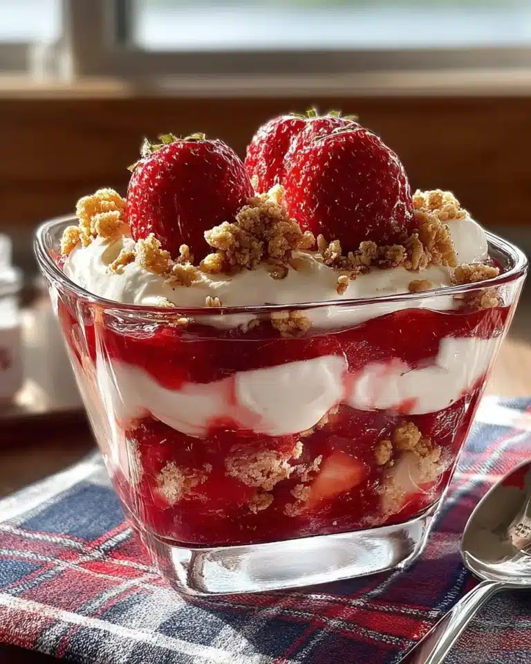 Delicious Strawberry Rhubarb Cream Dessert with fresh berries and creamy topping