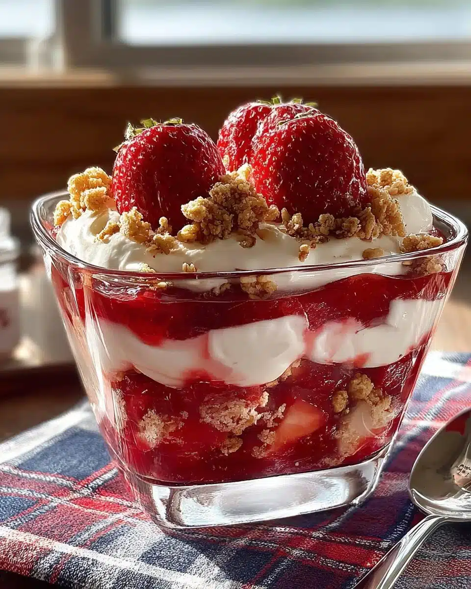 Delicious Strawberry Rhubarb Cream Dessert with fresh berries and creamy topping