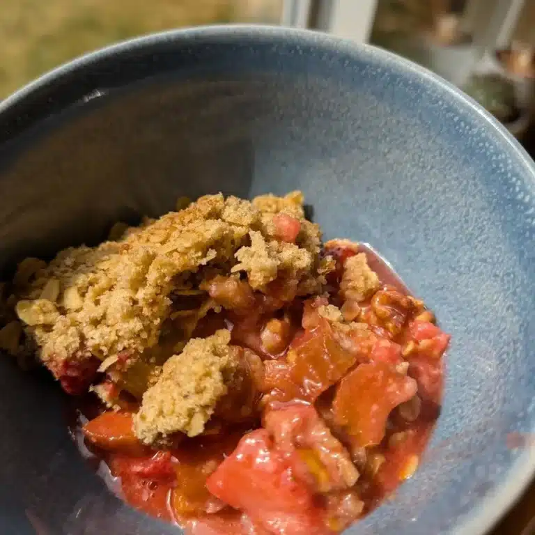 Delicious Strawberry Rhubarb Crisp served warm with a scoop of ice cream