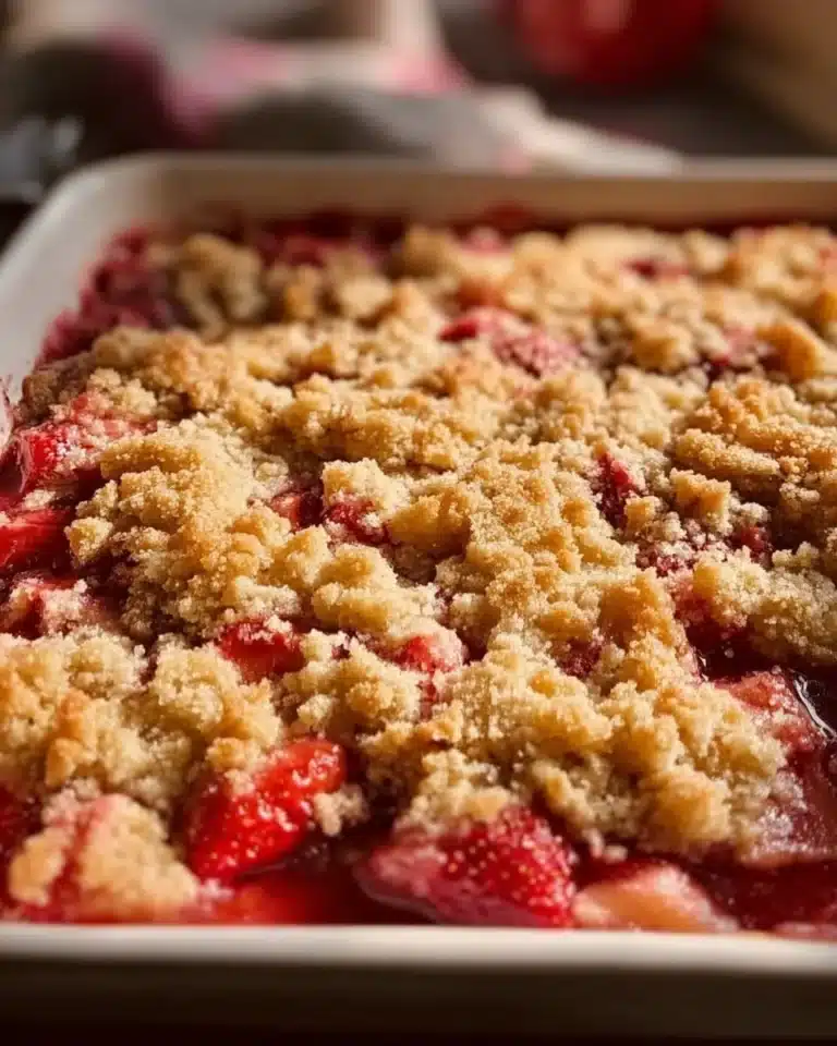 Delicious strawberry rhubarb dump cake served warm with whipped cream.