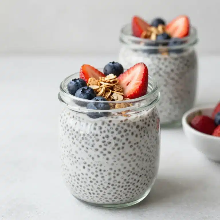 Bowl of vanilla chia pudding topped with fresh berries and nuts