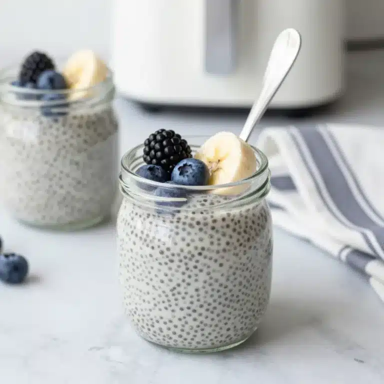 Delicious Vanilla Chia Pudding topped with fresh fruit and nuts