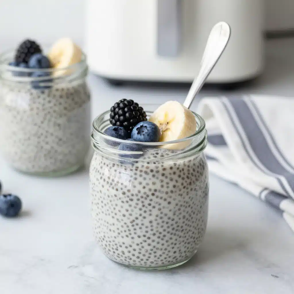 Delicious Vanilla Chia Pudding topped with fresh fruit and nuts