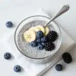 Vanilla chia seed pudding topped with fresh fruits and nuts