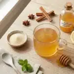 Golden-tinted gelatin and ACV morning drink in a clear glass mug with a lemon slice and small jar of honey on a light wooden surface