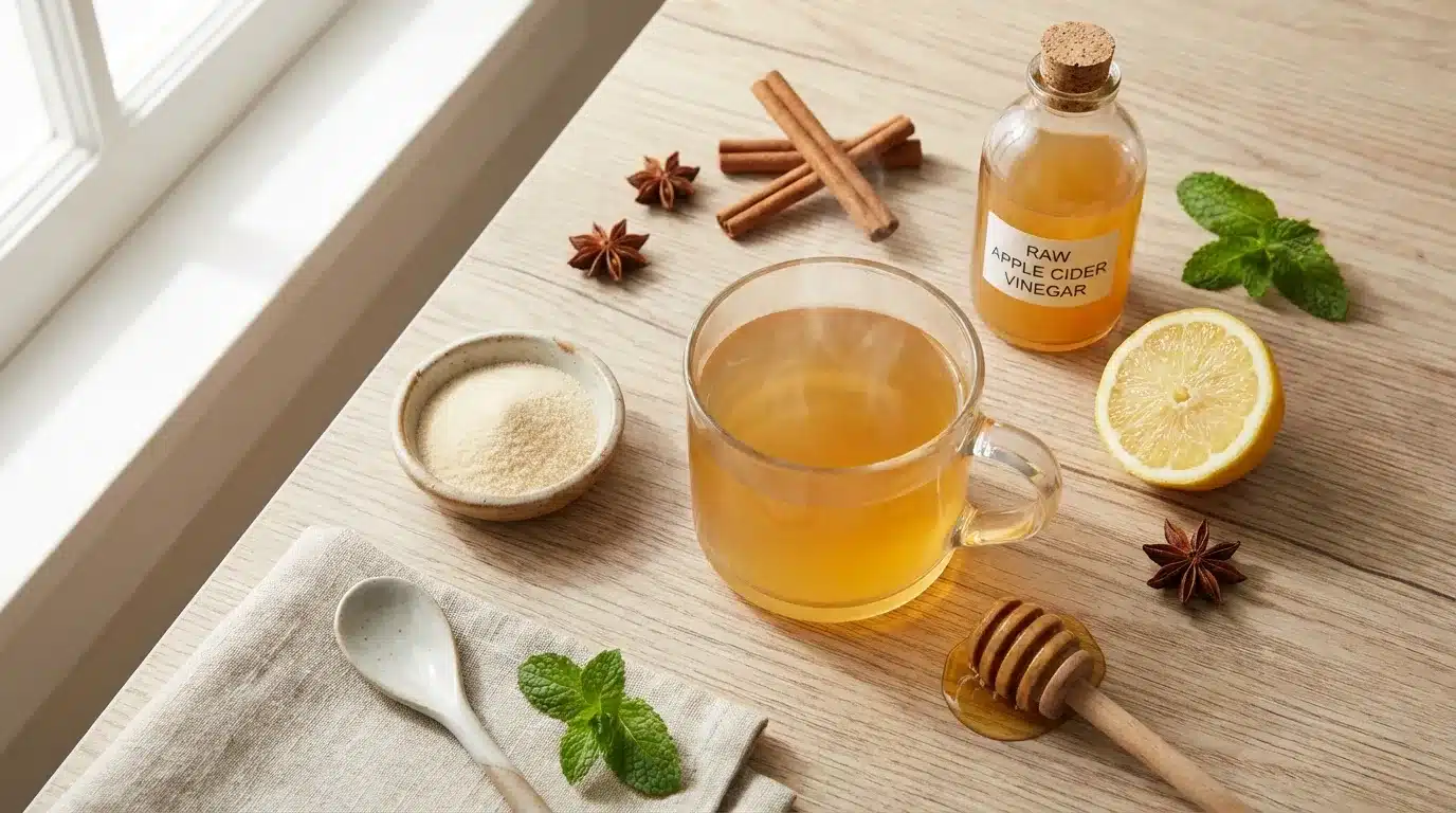 Gelatin and ACV Weight Loss Drink Recipe 2 Gelatin and ACV Weight Loss Drink Recipe - Golden-tinted gelatin and ACV morning drink in a clear glass mug with a lemon slice and small jar of honey on a light wooden surface